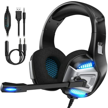 Chououkiu Headset Gaming Headphone for Xbox One LED Light Bass Surround Soft Memory Earmuffs Gaming Headset PS4 Surround Sound Over Ear Headphones with Noise Cancelling Mic Blue PC 